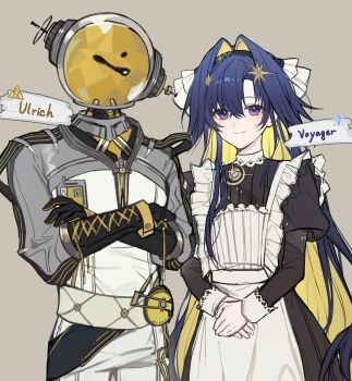 Rule 34 | 1boy, 1girl, apron, black dress, black gloves, black hairband, blonde hair, blue eyes, blue hair, character name, closed mouth, colored inner hair, crossed arms, dress, ferrofluid, fishbowl helmet, frilled apron, frills, gloves, grey background, hair intakes, hair ornament, hairband, highres, id card, juliet sleeves, jumpsuit, long hair, long sleeves, looking at viewer, multicolored hair, object head, own hands together, puffy sleeves, reverse:1999, school uniform, smile, soviet school uniform, sp0i0ppp, star (symbol), star hair ornament, ulrich (reverse:1999), upper body, very long hair, voyager (reverse:1999), white apron, white jumpsuit