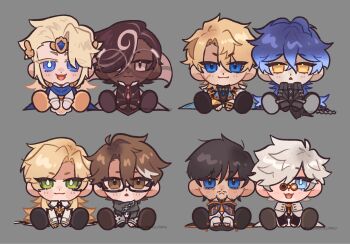 6+boys :3 artist_name beard black-framed_eyewear black_gloves black_hair blonde_hair blue_eyes blue_hair bright_pupils brown_eyes brown_hair cape chibi chibi_only closed_mouth colored_eyelashes commentary cookie_run cookie_run:_kingdom curtained_hair dark-skinned_male dark_skin english_commentary espresso_cookie eyes_visible_through_hair facial_hair facial_scar flins_(genshin_impact) full_body genshin_impact glasses gloves green_eyes grey_background grey_scarf hair_between_eyes hair_over_one_eye highres honkai:_star_rail honkai_(series) long_hair long_sleeves looking_at_viewer madeleine_cookie male_focus multicolored_hair multiple_boys mustache olruggio_(tongari_boushi_no_atelier) open_mouth pink_eyes qifrey_(tongari_boushi_no_atelier) rectangular_eyewear round_eyewear scar scar_on_cheek scar_on_face scarf short_hair simple_background single_glove sitting smile streaked_hair tofuisstilltofu tongari_boushi_no_atelier varka_(genshin_impact) very_long_hair void_archives watermark welt_yang white_cape white_hair white_pupils yaoi yellow_eyes