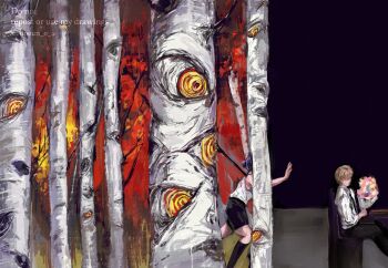 1boy 1girl birch_tree black_background blonde_hair chainsaw_man denji_(chainsaw_man) doeun_o_o highres looking_to_the_side makima_(chainsaw_man) purple_hair reaching reaching_towards_another reze_(chainsaw_man) running shirt short_hair sitting tree white_shirt