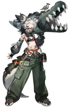 1girl absurdres armlet baggy_pants bird black_bra black_hair black_shoes black_sleeves blunt_bangs bra breasts cleavage crocodile crocodilian crocodilian_tail cross-laced_clothes cross-laced_sleeves crossed_belts detached_sleeves expressionless eyelashes fake_tail full_body gold_armlet gold_buckle green_pants gun hair_intakes highres holding holding_gun holding_weapon kipus long_sleeves looking_at_viewer mask mechanical_tail medium_hair midriff mouth_mask multicolored_hair number_tattoo orange_eyes original pants pocket puffy_long_sleeves puffy_sleeves ribbon shoes shoulder_tattoo simple_background sleeve_ribbon small_breasts sneakers solo standing stomach_tattoo tail tattoo two-tone_hair two_side_up underwear weapon white_background white_hair white_ribbon