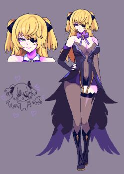 Rule 34 | 1girl, adapted costume, alternate breast size (larger), asymmetrical legwear, bare shoulders, black ribbon, blonde hair, bodystocking, boots, bow, bowtie, breasts, brown bodystocking, cleavage, closed mouth, commentary, detached sleeves, dress, eyepatch, fischl (genshin impact), full body, genshin impact, green eyes, hair ribbon, half-closed eyes, heart, highres, large breasts, long hair, looking at viewer, multiple views, one eye covered, pixel art, purple background, purple boots, purple bow, purple bowtie, purple dress, ribbon, sakami (pixelsakami), simple background, single thighhigh, smile, thighhighs, two side up, uneven legwear, untranslatable commentary