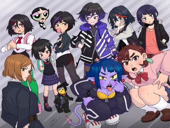 6+girls ayase_momo bag belt_collar big_hero_6 bike_shorts bike_shorts_under_shorts black_hair blowing_bubble_gum boku_no_hero_academia bow bowtie brown_eyes brown_hair buttercup_(ppg) chewing_gum chris-thekid collar colored_sclera colored_skin colored_tips commentary cropped_jacket crossover d4dj dandadan dress earrings english_commentary fingerless_gloves gloves gogo_tomago green_dress green_eyes grey_background hair_ornament highres jacket jewelry jiro_kyoka jujutsu_kaisen kill_la_kill kugisaki_nobara kunio-kun_series lego lego_minifig loose_bowtie matoi_ryuuko matsumoto_nono misako_(kunio-kun) multicolored_hair multicolored_jacket multiple_girls necktie pendant_earrings peni_parker pink_bag pink_shoes pink_sweater power_suit powerpuff_girls punch_punch_forever! purple_hair purple_jacket purple_skin red_bow red_bowtie red_necktie red_streaks reina_(tekken) river_city_girls shoes short_hair shorts streaked_hair sweater swept_bangs tekken the_lego_group the_lego_movie track_suit trait_connection two-tone_jacket wyldstyle x_hair_ornament yellow_sclera yellow_skin