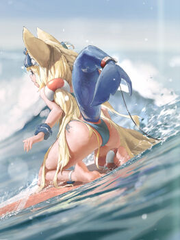 1girl absurdres animal_ear_fluff animal_ears ass barefoot ben-day_dots bikini blonde_hair blue_bikini blue_eyes blue_scrunchie blue_streaks blurry blurry_background cat_ears commentary_request day feet fins fish_girl fish_tail hair_ornament highleg highleg_bikini highres indie_virtual_youtuber kneeling kokono_ka lifebuoy_anklet lifebuoy_hair_ornament long_hair low_twintails multicolored_hair ocean one_side_up open_mouth outdoors profile sameko_saba screentones scrunchie side-tie_bikini_bottom soles solo streaked_hair string_bikini surfboard surfing swimsuit tail toes twintails very_long_hair virtual_youtuber water waves wrist_scrunchie