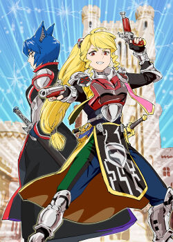 2girls animal_ears armor armored_boots black_gloves blonde_hair blue_hair blue_pants boots clenched_teeth commentary_request dog_ears doggie_kruger drill_hair drill_sidelocks dual_wielding fingerless_gloves from_side gloves green_pants grin gun hair_ornament high_ponytail highres holding holding_gun holding_sheath holding_weapon jitte long_hair looking_at_viewer low-tied_long_hair multicolored_pants multiple_girls orange_eyes pants personification ponytail scabbard sheath sheathed short_hair sidelocks smile super_sentai sword teeth tokusou_sentai_dekaranger ueyama_michirou very_long_hair weapon yellow_eyes