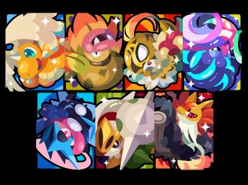 alien aqua_eyes beak bird black_eyes black_sclera blank_eyes broom broom_riding cape chesnaught claws colored_sclera colored_skin delphox dragon dragonite fangs feather-trimmed_belt feathered_wings forehead_protector fox frog fur_cape gen_1_pokemon gen_6_pokemon glowing_finger green_skin greninja happy hawlucha head_wings highres horns leaf long_tongue luchador luchador_mask malamar mask mega_chesnaught mega_delphox mega_dragonite mega_greninja mega_hawlucha mega_malamar mega_pokemon mega_victreebel multicolored_skin narrowed_eyes ninja nintendo no_humans orange_skin pink_lips plant plant_monster pokemon pokemon_(creature) pokemon_focus red_eyes red_fur red_nose shichi_(7cube_ori) shuriken single_horn smile spikes spotted_skin squid standing_on_weapon tail tentacles tongue tongue_scarf two-tone_skin v-shaped_eyes very_long_tongue victreebel vines weapon webbed_feet white_beard white_fur white_skin wing_cape wings yellow_claws yellow_eyes yellow_fur yellow_skin