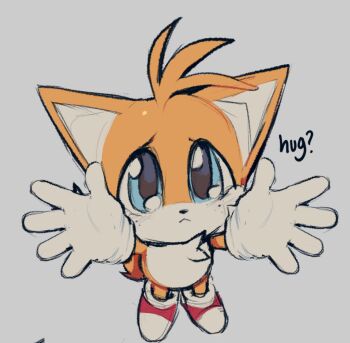 arms_up blonde_hair bloodshot121 blue_eyes child fox gloves hug imminent_hug looking_up pov sega shors socks sonic_(series) tails_(sonic) yellow_fur