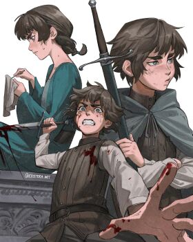 1girl a_song_of_ice_and_fire absurdres artist_name arya_stark blood blood_on_face blue_dress braid braided_ponytail brown_hair cape clenched_teeth commentary crossed_arms dagger dirty dirty_face dress etceteraart grey_eyes highres holding holding_dagger holding_knife holding_weapon implied_murder knife knitting knitting_needle long_sleeves looking_at_viewer multiple_views needle ponytail profile sheath sheathed short_hair short_ponytail simple_background sweat sword tears teeth weapon white_background