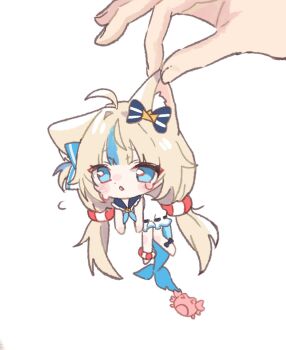 1girl ahoge animal_ear_fluff animal_ears blonde_hair blue_eyes blue_hair cat_ears chibi commentary dress fins fish_girl fish_tail hashtag-only_commentary highres indie_virtual_youtuber kaniki_(sameko_saba) long_hair mini_person minigirl moka_(mokas21004) multicolored_hair sameko_saba solo_focus streaked_hair tail twintails very_long_hair virtual_youtuber white_dress