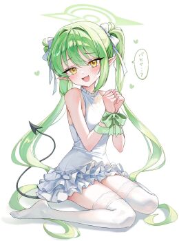 1girl absurdly_long_hair alternate_costume bare_shoulders black_tail blue_archive blush bound bound_arms bow breasts clenched_hand demon_girl demon_tail dress fang frilled_dress frills full_body green_bow green_halo green_skirt hair_between_eyes hair_bow halo hands_up heart highres lace lace_thighhighs loli long_hair looking_at_viewer mii_ee2 no_shoes nozomi_(blue_archive) open_mouth pointy_ears simple_background sitting skin_fang skirt sleeveless sleeveless_dress small_breasts smile solo speech_bubble sweatdrop tail thighhighs thighs tied_up_(nonsexual) twintails very_long_hair wariza white_background white_bow white_dress white_thighhighs yellow_eyes zettai_ryouiki