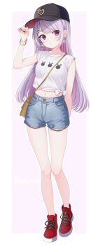 1girl adjusting_clothes adjusting_headwear alternate_costume bag baseball_cap black_hair black_nails blue_shorts blush breasts brown_bag closed_mouth commentary_request cross-laced_shoes denim denim_shorts dot_mouth dot_nose earrings fingernails grey_hair hat highres jewelry long_hair looking_at_viewer medium_breasts midriff multicolored_hair pink_hair red_eyes red_shoes shirt shoes short_shorts short_sleeves shorts shoulder_bag side_part sneakers solo streaked_hair toketa-sekai tosaki_mimi virtual_youtuber vspo! white_shirt