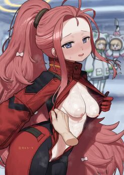 3girls blonde_hair blue_archive blue_eyes blush bow breasts bush collar commentary_request death_momoi_(meme) flashing forehead hair_bow highres hood hood_up hooded_jacket jacket knife long_hair long_sidelocks looking_at_viewer maruko_tooto meme midori_(blue_archive) midori_(winter)_(blue_archive) momoi_(blue_archive) momoi_(winter)_(blue_archive) multiple_girls nipples ponytail pulling_another's_clothes pulling_own_clothes red_hair sidelocks signature small_breasts stealth_flashing very_long_hair very_long_sidelocks white_jacket winter_clothes yuzu_(blue_archive) yuzu_(pilot_suit)_(blue_archive)