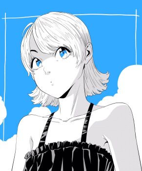 1girl :o blue_eyes breasts collarbone commentary_request eyebrows_hidden_by_hair frills greyscale_with_colored_background hair_ornament highres lee_(dragon_garou) original small_breasts solo spot_color