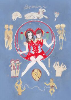 Rule 34 | 2girls, animal print, animal skull, baby, baby animal, babyloncafe, black eyes, black hair, blue background, blunt bangs, bonnet, bow, character doll, chinstrap, collage, commentary request, conjoined, doll, dress, eye contact, floral print, frilled sleeves, frills, grey eyes, highres, lamb, looking at another, multiple girls, organs, original, parted bangs, print dress, rabbit print, rattle, red dress, sheep, short dress, short sleeves, siblings, sitting, skeleton, twins