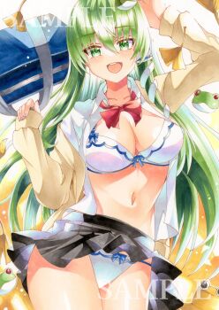 Rule 34 | 1girl, absurdres, bag, black skirt, bow, bow bra, bow panties, bowtie, bra, breasts, brown cardigan, cardigan, clothes lift, collared shirt, commentary request, cowboy shot, dot nose, green eyes, green hair, hair between eyes, hands up, highres, huyugiri luna, kochiya sanae, large breasts, long bangs, long hair, long sleeves, looking at viewer, miniskirt, navel, open cardigan, open clothes, open mouth, open shirt, panties, pleated skirt, red bow, red bowtie, sample watermark, school bag, school uniform, shirt, skirt, skirt lift, smile, solo, stomach, straight hair, string panties, touhou, underwear, watermark, white bra, white panties, white shirt, wing collar