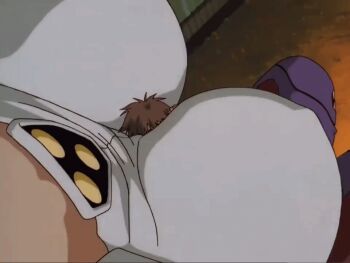 1boy 1girl age_difference animated animated_gif anime_screenshot between_breasts bodysuit breasts brown_hair emilia_jenius giant giantess large_breasts macross macross_7 macross_7:_the_galaxy_is_calling_me mecha_pilot_suit multicolored_bodysuit pedro_(macross_7)