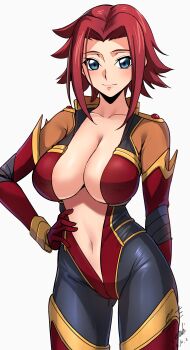 1girl absurdres arm_behind_back blue_eyes blush bodysuit breasts cleavage closed_mouth code_geass code_geass:_lost_stories commentary_request cowboy_shot dated gluteal_fold hair_intakes hand_on_own_hip highres kouzuki_kallen large_breasts legs looking_at_viewer mecha_pilot_suit multicolored_bodysuit navel open_bodysuit open_clothes red_hair short_hair sidelocks signature simple_background skin_tight smile solo standing thighs unzipped white_background yoo_tenchi