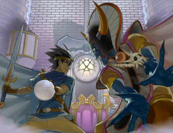 Rule 34 | 2boys, black hair, black nails, bloodshot eyes, blue cape, blue shirt, blue skin, cape, circlet, colored skin, commentary request, dragon quest, dragon quest iii, eye contact, fake horns, fingernails, floating cape, floating clothes, gold circlet, helmet, hero (dq3), holding, holding sword, holding weapon, horned helmet, horns, imminent fight, jewelry, long fingernails, looking at another, mimizou, multiple boys, necklace, pants, red eyes, robe, roto (dq3), sharp fingernails, shirt, skull necklace, spiked hair, sword, weapon, yellow pants, yellow robe, zoma