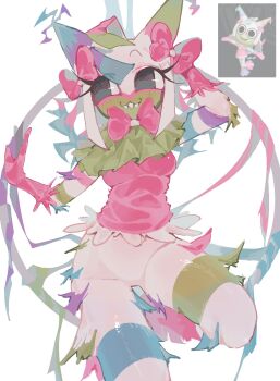 1girl :3 black_eyes blue_hair blue_horns blunt_sidelocks body_fur bow breasts closed_mouth commentary contrapposto cowboy_shot dandy's_world elbow_gloves english_commentary facing_viewer frilled_shirt frills from_below furry furry_female gloves green_fur green_horns hair_bow hand_up highres holding_hula_hoop hoop horns hula_hoop kuroda_(gen3uwmujrozfy6) long_eyelashes looking_to_the_side medium_hair neck_ruff no_nose official_alternate_costume official_alternate_hair_color official_alternate_skin_color official_art_inset pink_bow pink_fur pink_gloves pink_horns pink_shirt purple_fur purple_horns raised_eyebrows reference_inset roblox sharp_teeth shirt sidelocks sideways_glance simple_background sleeveless sleeveless_shirt small_breasts solo standing standing_on_one_leg straight-on striped_fur tareme teeth white_background white_fur yatta_(dandy's_world)