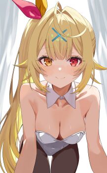 Rule 34 | 1girl, absurdres, ahoge, bare arms, bare shoulders, bent over, blonde hair, breasts, brown pantyhose, cleavage, closed mouth, collarbone, commentary request, covered navel, detached collar, downblouse, hair ornament, hair ribbon, heterochromia, highres, hoshikawa sara, leotard, long hair, looking at viewer, medium breasts, nijisanji, pantyhose, playboy bunny, red eyes, ribbon, side ponytail, smile, solo, strapless, strapless leotard, tillots, very long hair, virtual youtuber, white leotard, x hair ornament, yellow eyes