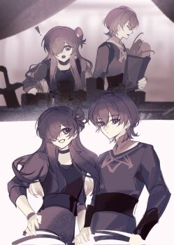 ! 1boy 1girl anshango choker closed_mouth commentary_request female_shez_(fire_emblem) fire_emblem fire_emblem:_three_houses fire_emblem_warriors:_three_hopes hair_bun hair_over_one_eye highres long_hair long_sleeves looking_at_viewer male_byleth_(fire_emblem) nintendo one_eye_covered open_mouth profile shirt short_hair smile