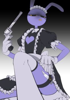 1boy animal_ears apron belt black_background black_dress clothes_lift clothing_cutout colored_skin colored_teeth dagger disgust dress feet_out_of_frame from_below gloves gradient_background grey_thighhighs gun hashtag-only_commentary heart_cutout hidden_weapon highres holding holding_gun holding_weapon hyvgez jax_(the_amazing_digital_circus) knife looking_at_viewer maid maid_apron maid_headdress narrowed_eyes puffy_short_sleeves puffy_sleeves purple_skin rabbit_boy rabbit_ears short_sleeves simple_background skirt skirt_lift solo the_amazing_digital_circus thigh_belt thigh_strap thighhighs weapon white_gloves yellow_eyes yellow_teeth