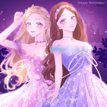 2girls animification anneliese_(barbie) artist_name ball_gown barbie barbie_(character) barbie_(franchise) barbie_as_the_princess_and_the_pauper bat_(animal) blue_dress blue_eyes blurry breasts brown_hair candy caption castle choker cleavage collar couple crown curly_hair doll doppelganger dress english_text erika_(barbie) fairytale flower flower_wreath food formal_clothes bad_tag gown halloween happy_halloween head_wreath headband jack-o'-lantern lace lace_choker leaning_on_person lollipop look-alike matching_outfits medieval multiple_girls night off-shoulder_dress off_shoulder okitafuji pale_skin patterned_clothing pink_dress pink_lips princess purple_background ribbon rose skirt_hold sky tiara wavy_hair yuri