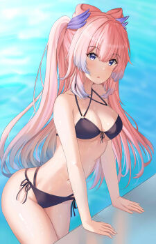 1girl absurdres bare_shoulders bikini black_bikini blush bow-shaped_hair breasts cleavage collarbone front-tie_bikini_top front-tie_top genshin_impact halterneck highres hitsuka_baka horns large_breasts long_hair looking_at_viewer navel open_mouth pink_hair poolside purple_eyes sangonomiya_kokomi side-tie_bikini_bottom solo stomach string_bikini swimsuit