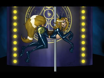 1girl animal_ears artist_request bdsm blonde_hair bodysuit breasts breasts_out carnival carousel character_request copyright_request female_focus horse horse_ears horse_tail large_breasts latex looking_at_viewer nipples object_girl pet_play ponytail saddle solo tagme tail