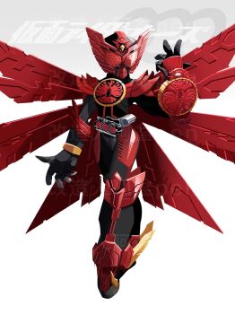 1boy armor black_bodysuit bodysuit forehead_jewel full_body helmet highres kamen_rider kamen_rider_ooo kamen_rider_ooo_(series) kamen_rider_ooo_(tajador_combo) male_focus ooo_driver penpenhuihui red_armor red_eyes red_helmet solo tokusatsu