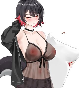 1girl absurdres babydoll black_choker black_hair black_jacket black_shorts blush breasts cenotzsex choker commentary_request ellen_joe fins fish_tail highres holding holding_pillow jacket large_breasts multicolored_hair nipples pillow red_eyes red_hair see-through_babydoll see-through_clothes shark_girl shark_tail short_hair shorts simple_background solo tail two-tone_hair white_background zenless_zone_zero