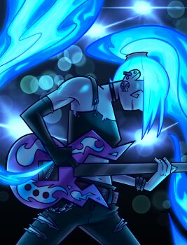 1girl black_choker black_gloves black_pants black_tank_top blue_fire blue_hair choker danny_phantom earrings elbow_gloves electric_guitar ember_mclain fiery_hair fire gloves guitar highres holding holding_instrument instrument jewelry long_hair ovytia-art pants ponytail single_elbow_glove solo tank_top