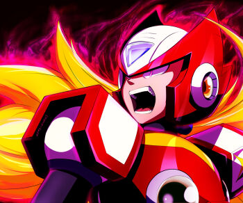 1boy android armor artist_name aura blonde_hair chest_jewel floating_hair forehead_jewel glowing glowing_eyes helmet highres jewelry long_hair mega_man_(series) mega_man_x_(series) pink_eyes ponytail red_armor red_helmet robot robot_ears screaming shoulder_armor solo teeth upper_body very_long_hair zero_(mega_man) znivans