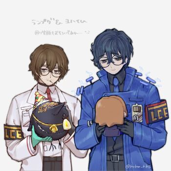 Rule 34 | 2boys, aedd (e.g.o), bags under eyes, beard stubble, belt buckle, big bird (project moon), bird, black gloves, black pants, black shirt, blue coat, blue eyes, blue hair, blue necktie, brown eyes, brown hair, buckle, cigarette, closed mouth, coat, collared shirt, commentary request, doll, double-parted bangs, e.g.o (project moon), facial hair, glasses, gloves, gregor (project moon), hat, highres, hohenheim (project moon), holding, holding doll, id card, johann (project moon), krkm hks, lab coat, lapels, lce (identity) (project moon), limbus company, long sleeves, looking down, male focus, messy hair, multiple boys, mustache stubble, necktie, notched lapels, open clothes, open coat, pants, party hat, project moon, round eyewear, shirt, shirt tucked in, short hair, side-by-side, simple background, smile, sparks, stubble, sweatdrop, translation request, white background, white coat, wingbeat (e.g.o)