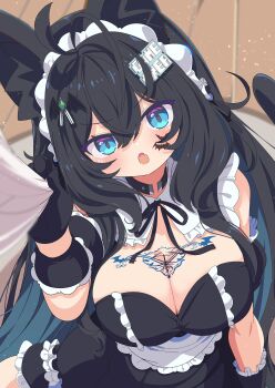 1girl absurdres animal_ears bare_shoulders bat_tattoo black_choker black_dress black_gloves black_hair blue_eyes blush breast_tattoo breasts cat_ears cat_girl cat_tail choker cleavage commission dress facial_tattoo gloves hair_ornament hairclip highres large_breasts long_hair looking_at_viewer maid_headdress open_mouth original puffy_short_sleeves puffy_sleeves shiro9jira short_sleeves skeb_commission smile solo tail tattoo