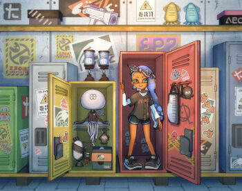 1girl absurdres arrow_(symbol) asymmetrical_hair bandana barcode black_bandana black_jacket black_shirt black_shoes black_shorts blue_hair blush box buttons caution_tape closed_mouth commentary dark-skinned_female dark_skin forehead green_eyes gun hand_up highres in_locker indoors ink_tank_(splatoon) inkling inkling_girl inkling_player_character jacket jellyfish_(splatoon) jersey layered_sleeves locker long_hair long_sleeves looking_at_viewer moromi_(kscd4482) nintendo paper pointy_ears poster_(object) shelf shirt shoe_box shoes short_eyebrows short_over_long_sleeves short_shorts short_sleeves shorts sitting smile splatoon_(series) splattershot_(splatoon) splattershot_jr._(splatoon) standing sticker stone_floor suction_bomb_(splatoon) tentacle_hair tic-tac-toe undershirt very_long_hair weapon white_shirt