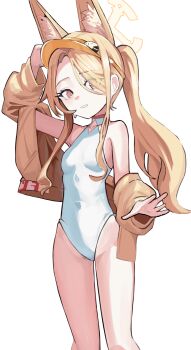 Rule 34 | 1girl, animal ears, blonde hair, blue archive, breasts, commentary request, fox ears, fox girl, halo, highres, jacket, long hair, looking at viewer, no tail, official alternate costume, one-piece swimsuit, seia (blue archive), seia (swimsuit) (blue archive), simple background, small breasts, solo, solokitsune, standing, swimsuit, visor cap, white background, white one-piece swimsuit, yellow halo, yellow jacket