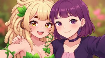 2girls amelia_(pathways) animal_ears animification arm_around_shoulder arm_vines artist_request bananajuju bikini blonde_hair blunt_bangs blurry blurry_background breasts cleavage collar commentary crossover dreadlocks dress earrings english_commentary freckles hair_ornament hair_vines highres incoming_hug indie_virtual_youtuber jacket jacket_over_dress jewelry leaf_bikini leaf_hair_ornament light_blush long_hair looking_at_viewer medium_breasts monkey_ears monkey_girl multiple_girls open_clothes open_jacket open_mouth outdoors pathways_(game) pink_dress portrait purple_collar purple_eyes purple_hair purple_jacket second-party_source smile stud_earrings swimsuit yellow_eyes