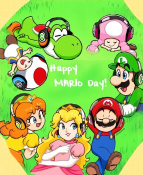 big_nose blonde_hair blue_eyes brown_hair colored_skin crown daisydylan06 dinosaur dress earphones earrings facial_hair gloves grass green_skin hat highres jewelry long_hair luigi lying mario mario_(series) mushroom_girl mushroom_hat mustache nintendo on_stomach overalls princess princess_daisy princess_peach resting shirt shoes smile toad_(mario) toadette twintails yoshi