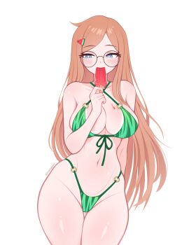1girl absurdres arm_behind_back artist_name bikini black-framed_eyewear blue_eyes breasts bright_pupils cleavage commentary cowboy_shot english_commentary food food-themed_hair_ornament food_in_mouth food_print front-tie_bikini_top front-tie_top fruit_print glasses green_bikini hair_ornament highleg highleg_bikini highres holding holding_food holding_popsicle large_breasts light_blush long_hair mole mole_under_eye navel o-ring o-ring_bikini orange_hair original popsicle popsicle_in_mouth round_eyewear simple_background solo stomach swimsuit vivianvalenart watermelon_hair_ornament watermelon_print white_background white_pupils