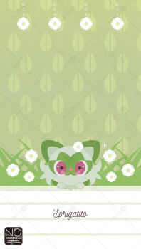 animal_focus cat closed_mouth flower green_fur highres looking_at_viewer meme_(sleepsheep) nintendo no_humans pokemon pokemon_(creature) pokemon_focus red_eyes smile sprigatito