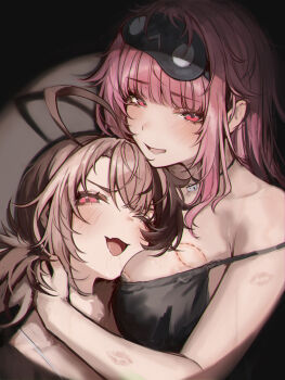 2girls :d ;d absurdres ahoge bite_mark black_choker black_nightgown blunt_bangs breasts brown_hair choker commentary drooling fang gigi_murin hand_on_another's_neck highres hololive hololive_english large_breasts lipstick_mark long_hair looking_at_viewer mask mask_on_head mori_calliope mori_calliope_(sleepwear) multicolored_hair multiple_girls naokomama nightgown official_alternate_costume one_eye_closed open_mouth pendant_choker pink_eyes pink_hair short_hair short_twintails sidelocks skin_fang sleep_mask smile twintails two-tone_hair virtual_youtuber yuri