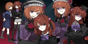 2girls armband artist_request black_gloves black_hat black_jacket black_shoes black_socks black_thighhighs blue_eyes blue_serafuku blue_shirt blue_skirt bow bowtie brown_shoes capelet chinese_commentary collared_shirt commentary_request dress elbow_gloves eva_beatrice falling_petals flower frilled_capelet frilled_sleeves frills gloves grey_skirt grin hair_bobbles hair_ornament hand_on_another's_head hand_on_own_hip hat hat_flower highres jacket kneehighs lapels loafers long_hair medium_hair miniskirt multiple_girls multiple_views neckerchief notched_lapels open_mouth orange_hair petals pleated_skirt purple_bow purple_bowtie purple_capelet purple_dress purple_eyes red_armband red_bow red_flower red_hair red_petals red_rose rose sailor_collar school_uniform second-party_source serafuku shaded_face shirt shoes skirt smile socks thighhighs two_side_up umineko_no_naku_koro_ni ushiromiya_ange variant_set white_neckerchief white_sailor_collar white_shirt wide_sleeves wing_collar zettai_ryouiki