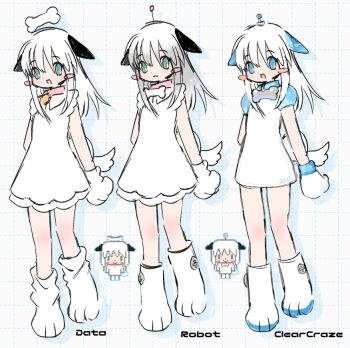 1girl animal_ears animal_hands blush_stickers bone boots reference_sheet collar commentary dog_ears dog_girl dog_tail full_body gloves grey_hair grid_background lapithai long_hair multiple_views open_mouth original pallas_(lapithai) paw_gloves paw_socks robot_ears robot_girl shirt sketch symbol-only_commentary tail white_hair white_shirt