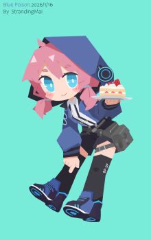 Rule 34 | absurdres, arknights, blue eyes, blue poison (arknights), cake, chibi, flat color, food, highres, holding, holding food, hood, jacket, kneehighs, looking at viewer, pink hair, shorts, simple background, smile, socks, strandingmai, strawberry cake