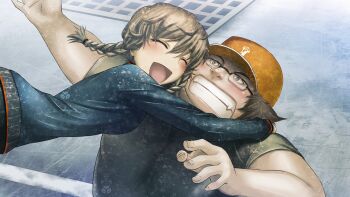 Rule 34 | 1boy, 1girl, amane suzuha, arm up, arms around neck, beret, bike shorts, blue jacket, blush, braid, brown hair, clenched teeth, fat, fat man, father and daughter, floating hair, game cg, glasses, glomp, green shirt, grey eyes, hair between eyes, hair tie, happy, hashida itaru, hat, head hug, high collar, highres, hug, huke, jacket, long sleeves, non-web source, nostrils, official art, open mouth, outdoors, outstretched arms, parted lips, pouncing, ringed eyes, science adventure, shiny lips, shiny skin, shirt, square pupils, steins;gate, steins;gate: my darling's embrace, t-shirt, teeth, tongue, track jacket, twin braids, twintails, yellow hat