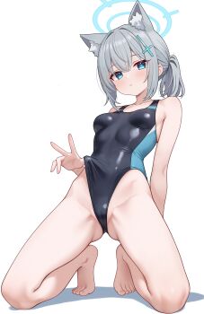 1girl absurdres animal_ear_fluff animal_ears barefoot black_one-piece_swimsuit blue_archive blue_eyes blue_halo blush breasts clothes_pull commentary_request cross_hair_ornament extra_ears fanteam feet gluteal_fold grey_hair groin hair_between_eyes hair_intakes hair_ornament halo highleg highleg_one-piece_swimsuit highres kneeling looking_at_viewer official_alternate_costume official_alternate_hairstyle one-piece_swimsuit one-piece_swimsuit_pull ponytail pulling_own_clothes shiroko_(blue_archive) shiroko_(swimsuit)_(blue_archive) short_hair simple_background small_breasts solo swimsuit thighs toes w white_background wolf_ears wolf_girl