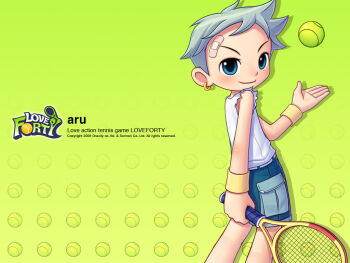 1boy 2006 ball bandaid bandaid_on_face bandaid_on_forehead bare_arms bare_shoulders belt belted_shorts blue_shorts blush closed_mouth commentary company_name copyright_name dated drop_shadow earrings elbow_blush forehead gold_earrings green_background grey_hair holding holding_tennis_racket jewelry light_blush logo looking_at_viewer love_forty male_focus nose_blush official_art official_wallpaper racket shirt short_hair shorts simple_background sleeveless sleeveless_shirt smile solo standing tennis_ball tennis_racket third-party_source torn_clothes torn_shirt white_belt white_shirt wristband