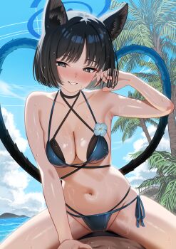 1boy 1girl absurdres animal_ears assertive_female bare_arms bikini black_choker black_hair black_male_swimwear black_tail blue_archive blue_bikini blue_flower blue_halo blue_sky blue_tail blush breasts bright_pupils cat_ears cat_girl cat_tail choker cleavage criss-cross_halter criss-cross_straps flower girl_on_top gradient_tail grey_eyes halo halterneck hand_in_own_hair hand_on_another&#039;s_stomach hand_up hetero highres kikyou_(blue_archive) kikyou_(swimsuit)_(blue_archive) layered_bikini looking_at_viewer male_swimwear medium_breasts mn_(tk-xyz) multi-strapped_bikini_bottom multiple_tails navel nose_blush official_alternate_costume outdoors palm_tree parted_lips pov seductive_smile short_hair side-tie_bikini_bottom sky smile spread_legs stomach straddling string_bikini swimsuit tail tree two_tails wet white_pupils