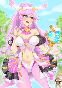 1girl 1other absurdres animal_ears bare_shoulders braid breasts carrot cleavage commission egg fire_emblem fire_emblem_awakening fire_emblem_heroes gluteal_fold highres kiran_(fire_emblem) long_hair medium_breasts navel nintendo official_alternate_costume olivia_(fire_emblem) olivia_(spring)_(fire_emblem) open_mouth pink_hair ponytail rabbit_ears skeb_commission solo_focus stomach twin_braids yukia_(firstaid0)