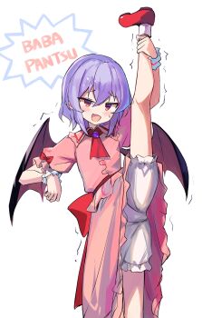 1girl absurdres ascot bat_wings bloomers blush commentary_request dress fang highres holding_own_leg leg_up looking_at_viewer pink_dress puffy_short_sleeves puffy_sleeves purple_hair red_ascot red_eyes red_shoes remilia_scarlet revision ririo_(mitsumatario) shoes short_hair short_sleeves simple_background skin_fang smile solo split standing standing_on_one_leg standing_split sweatdrop touhou trembling underwear white_background white_bloomers wings wristband